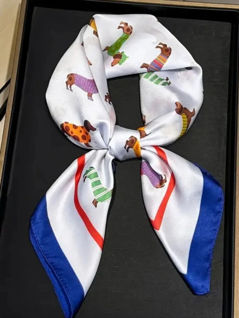 Silk-feel Dog Print Women's Scarf in White with Blue Trim